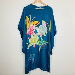 Soft silk blue floral and butterfly caftan. One size.